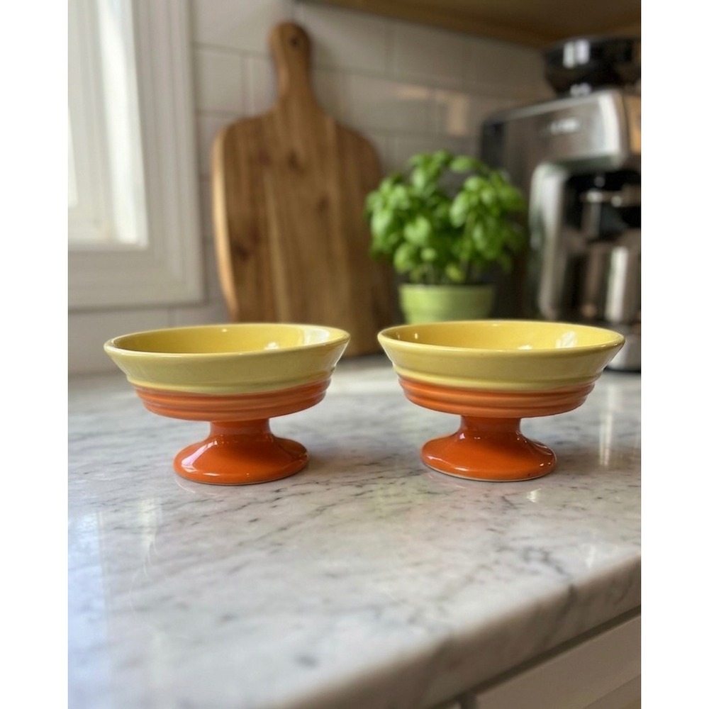 Trisa Stoneware Pedestal Bowls Set of 2 Yellow Orange Two-Tone Retro Style
